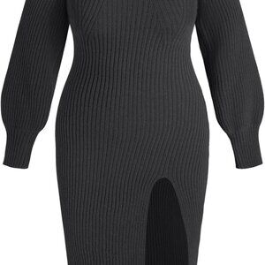 Plus Size Sweater Dress Set Women Long Sleeve Midi Slit Casual Elegant